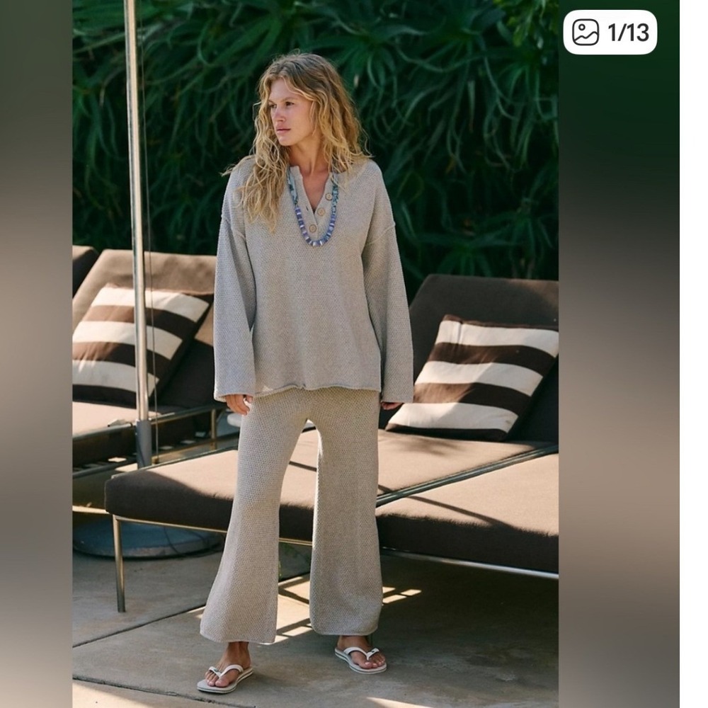 Free People Beach Hailee Sweater Knit Set Gray Large OB1083246 Henley Wide Leg